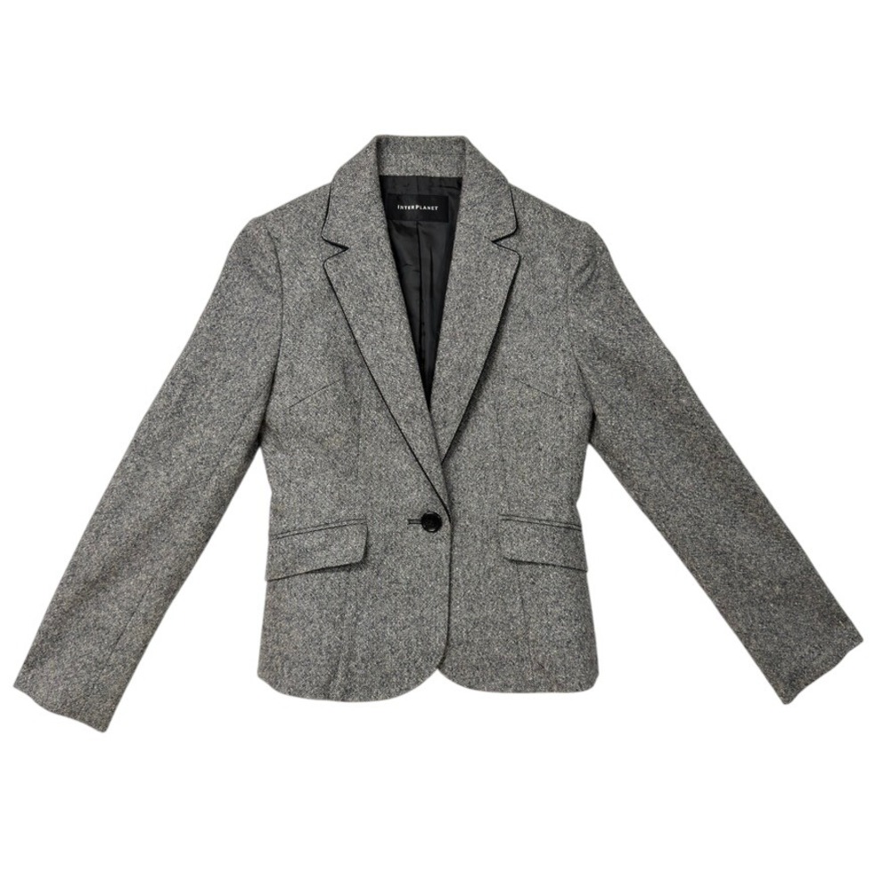 InterPlanet Women's 36 XS Wool Blend Herringbone Tweed Blazer Gray Career Jacket